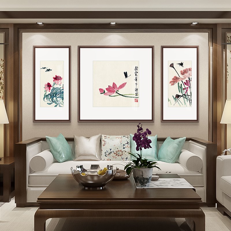 齐白石和气生财寓意好荷花装饰画新中式客厅挂画茶室书房三联壁画图片