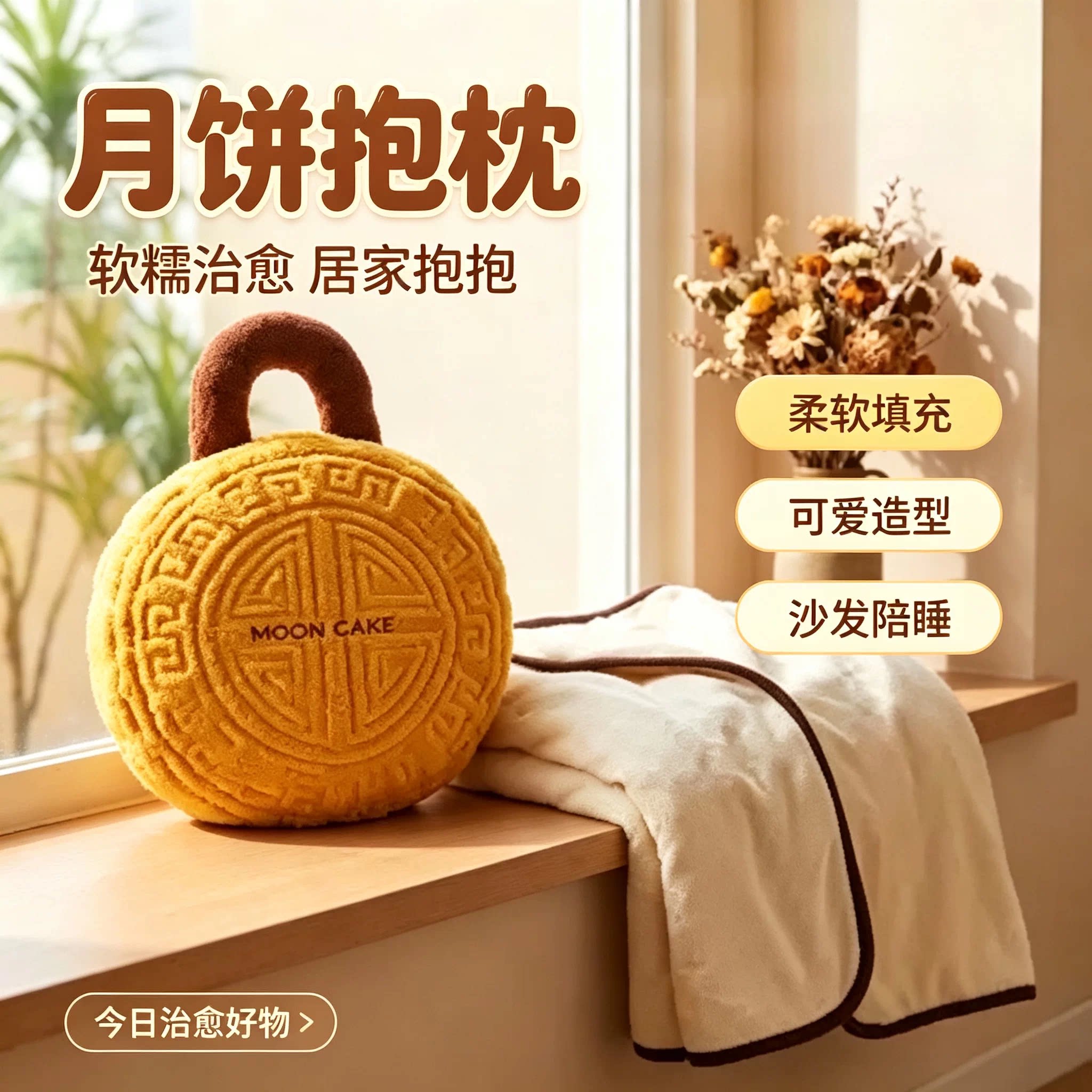 中秋月饼卡通二合一车载抱枕毯