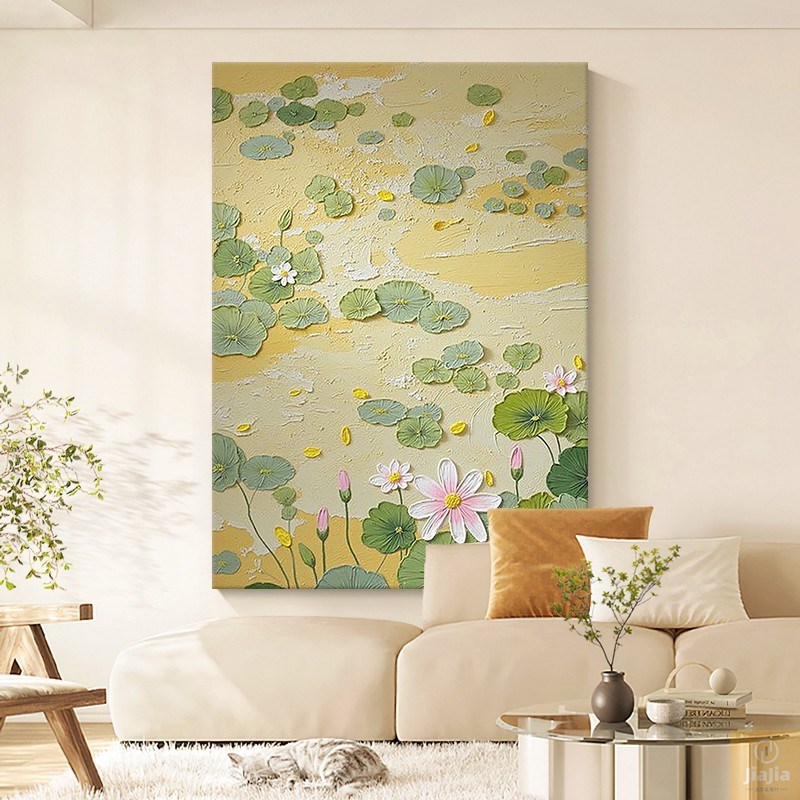 奶油风纯手绘油画抽象荷花客厅装饰画竖版立体玄关大尺寸肌理挂画图片