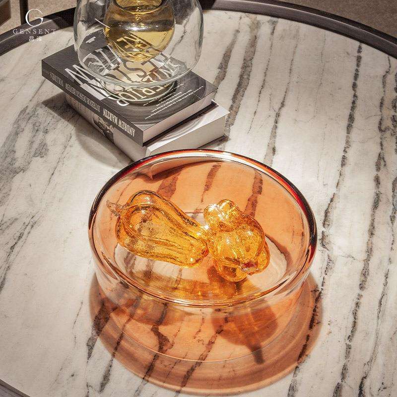 晶淳 色料彩色现代简约凹面玻璃果盘 个性创意手工器皿摆件工艺品