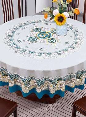 圆桌圆桌布防水防油免洗防烫加厚蓝色结婚圆形桌布饭店大圆桌桌布