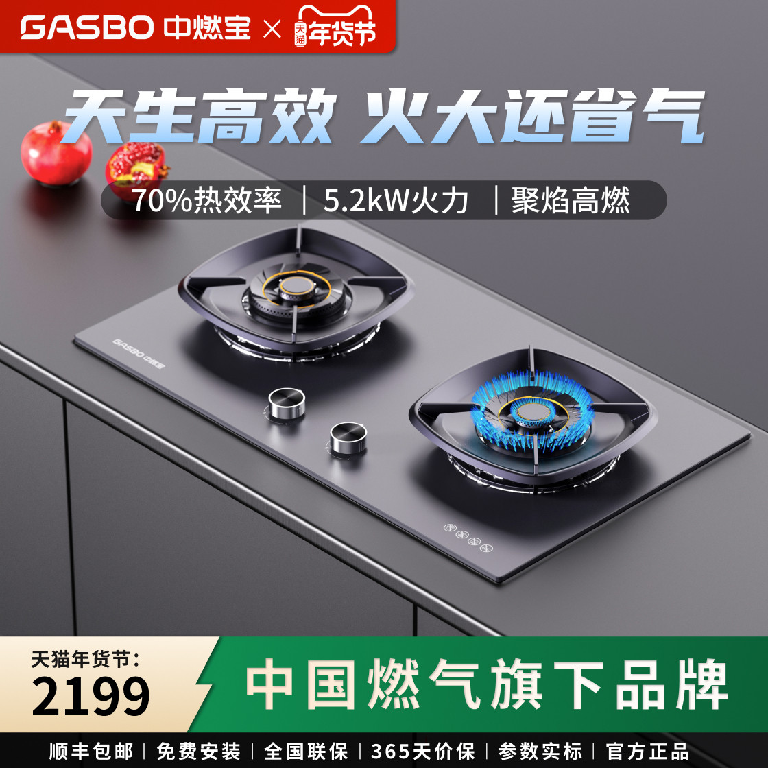中燃宝燃气灶Q5521超一级能效家用嵌入式双灶头天然气聚能猛火灶