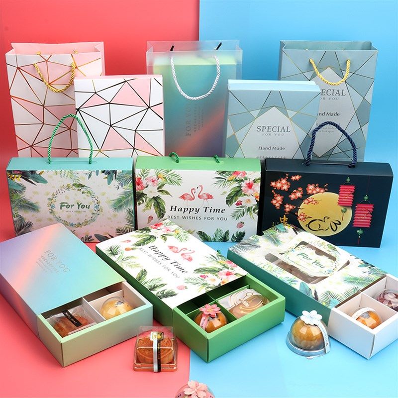 中秋月饼蛋黄酥包装盒 粉蓝色4/6粒冰皮广式手提礼品X盒礼盒盒子