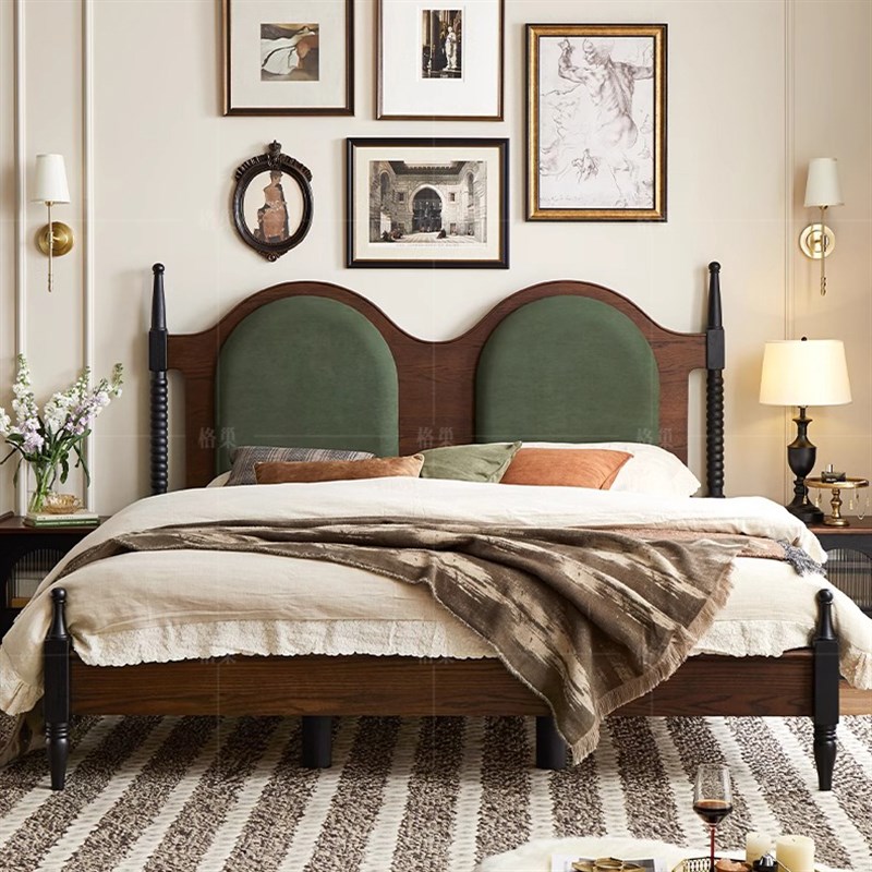 法式覆古风红橡木实木床t1米8双人主卧小户型中古风红橡木软包床