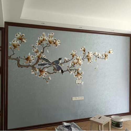 独绣刺绣花鸟墙布背景客厅沙发卧室无缝壁布玉兰新中式壁画全屋