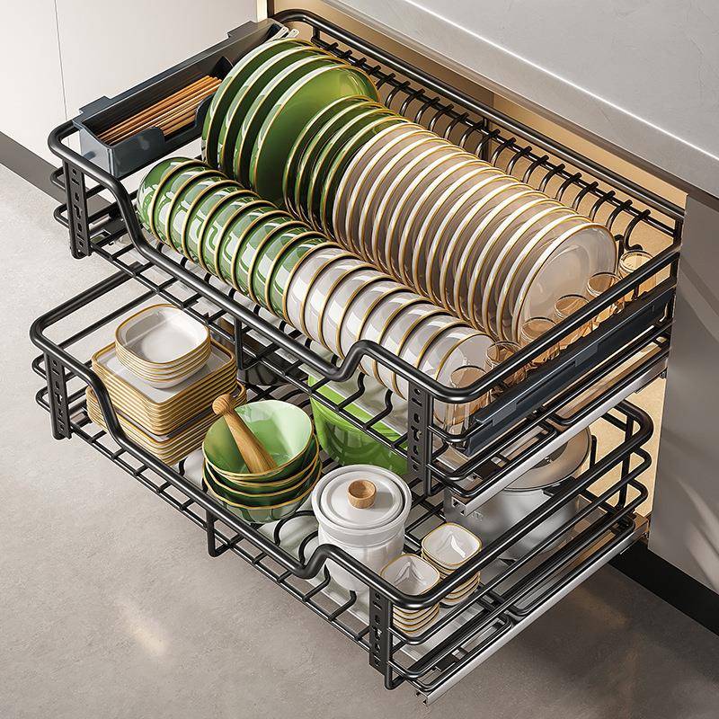 拉篮厨房橱柜碗篮304不锈钢双层抽屉式收纳碗碟架柜厨柜拉蓝