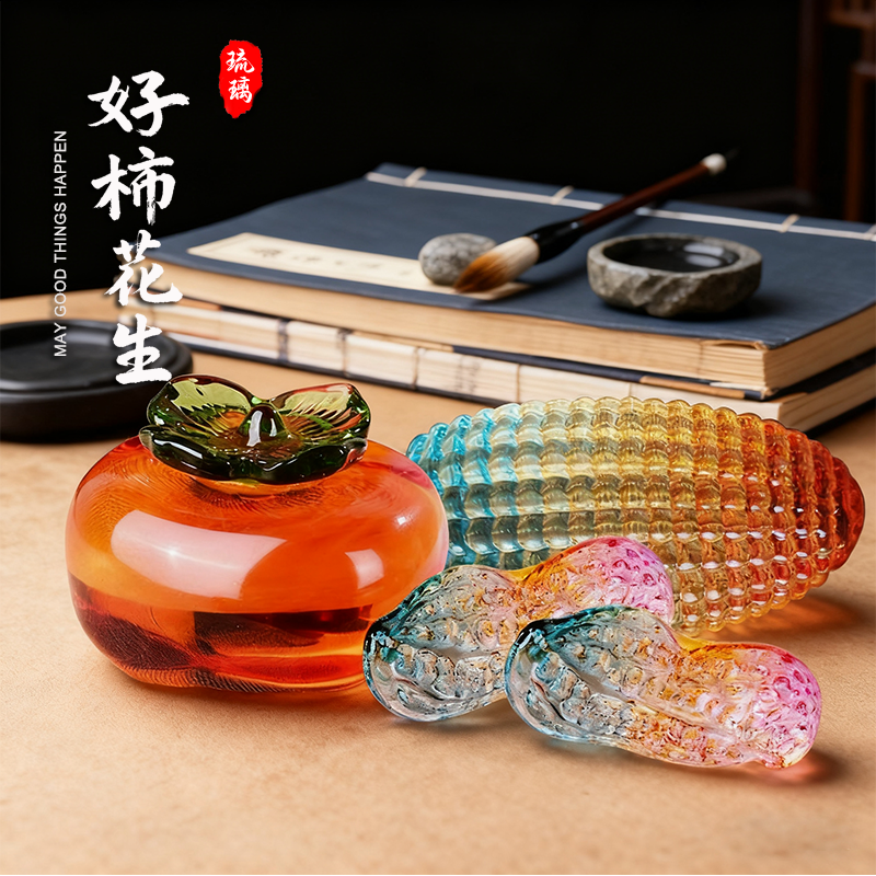 水晶柿子花生如意摆件书房镇纸毛笔书法镇尺笔搁书桌琉璃装饰礼品,家居饰品,桌面摆件,淘宝优惠券,粉丝福利购,淘宝优惠卷