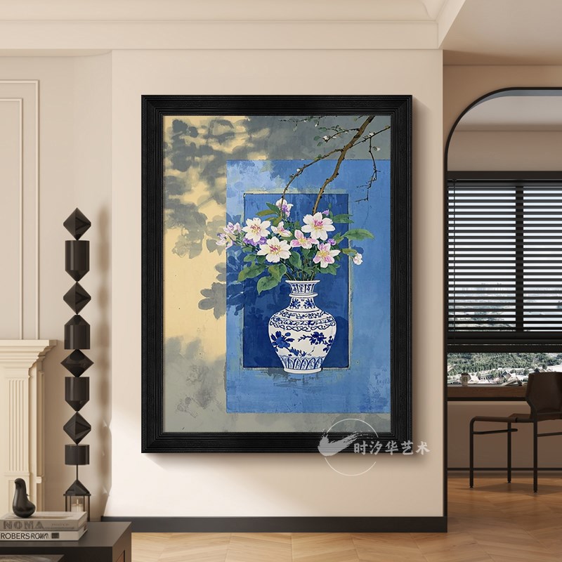 中古风玉兰花肌理手绘油画玄关青花瓷静物装饰画客厅光影中式挂画图片