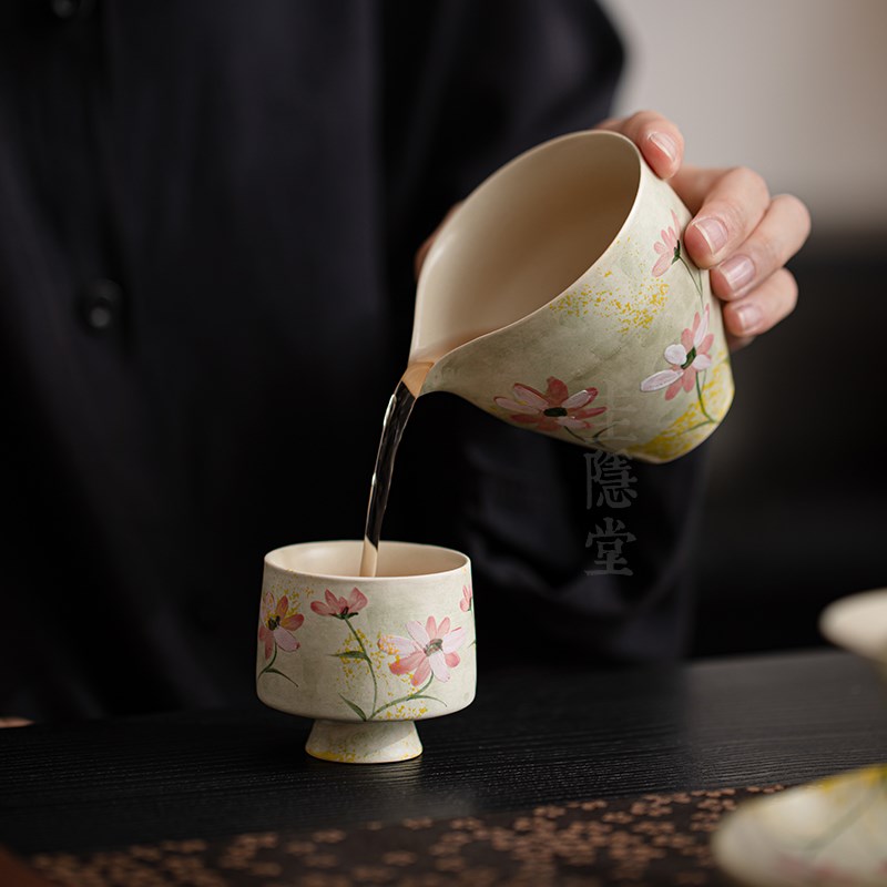 圭隐堂粉引手绘格桑花陶瓷公道杯家用公杯泡茶杯匀茶杯分茶器茶海