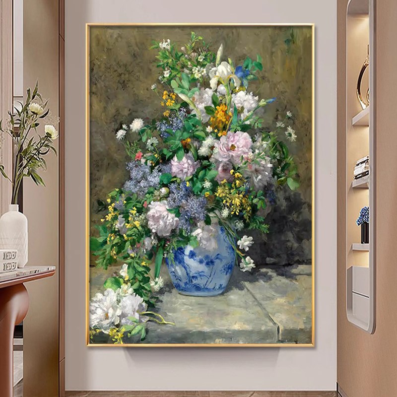 手绘油画简约走廊玄关装饰画雷诺阿春之花束美式餐厅花卉挂画名画图片
