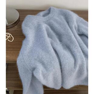蓝色浣熊绒温柔风软糯糯套头毛衣圆领高级感内搭针织衫毛茸茸女冬