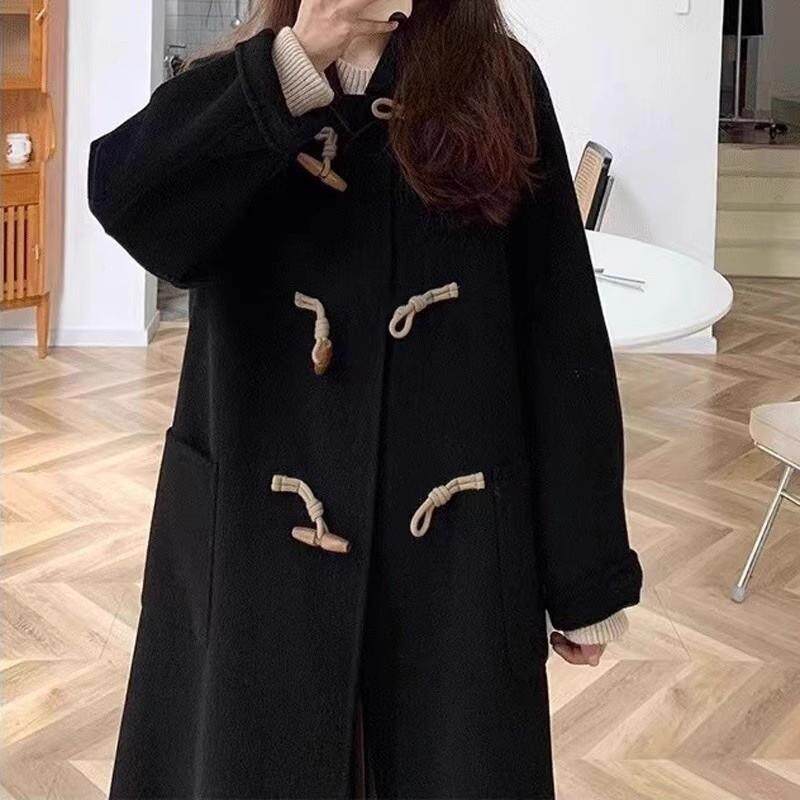 秋冬季高级感牛角扣毛呢大衣女2025韩系毛呢外套小个