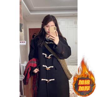 黑色牛角扣呢子大衣女秋冬季2025新款赫本风韩系气质毛呢外套加厚
