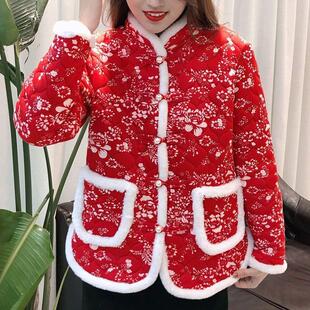 冬季小花袄新款加绒加厚棉袄大码宽松遮肚花棉衣保暖棉服洋气