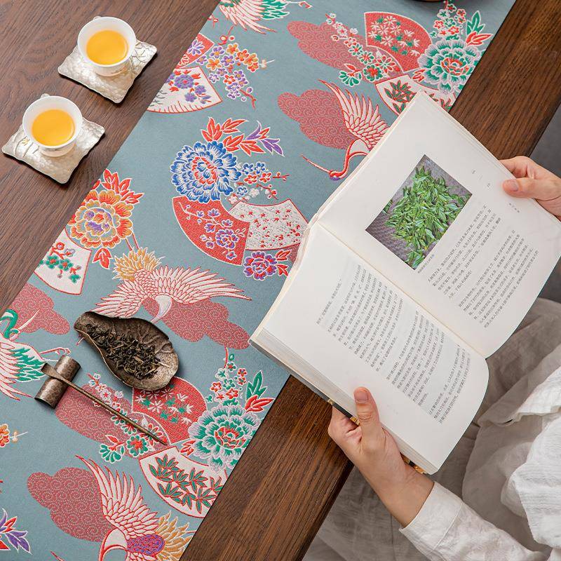 织锦缎仙鹤防水茶席双面桌旗主人垫新中式绸缎提花干泡茶盘垫茶垫