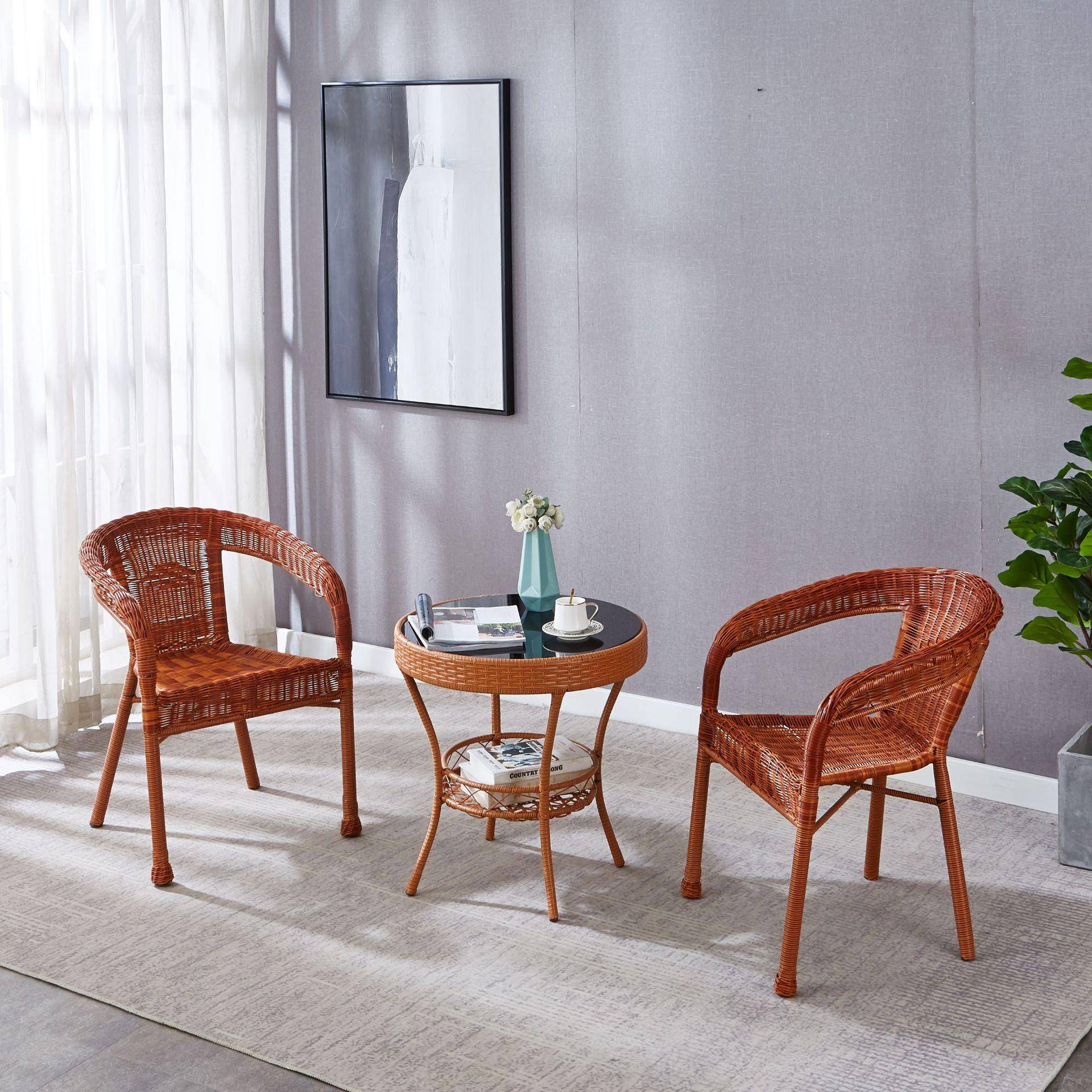 【严选】阳台椅子靠背椅单人户外小藤椅藤编家用专用老人三件套休