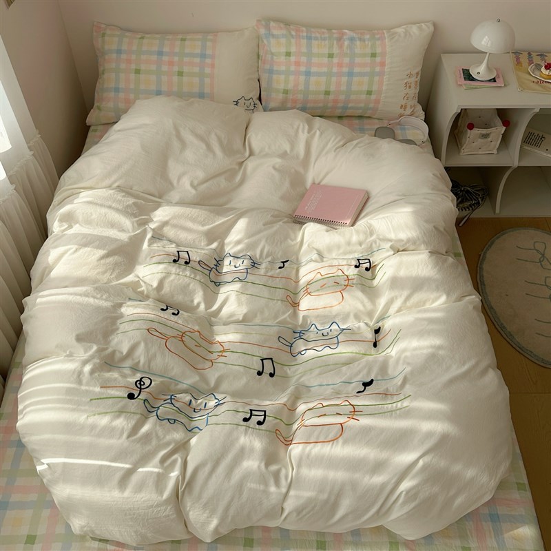 【呆呆猫】可爱少女心四件套w简约条纹格子柔软亲肤学生宿舍三件