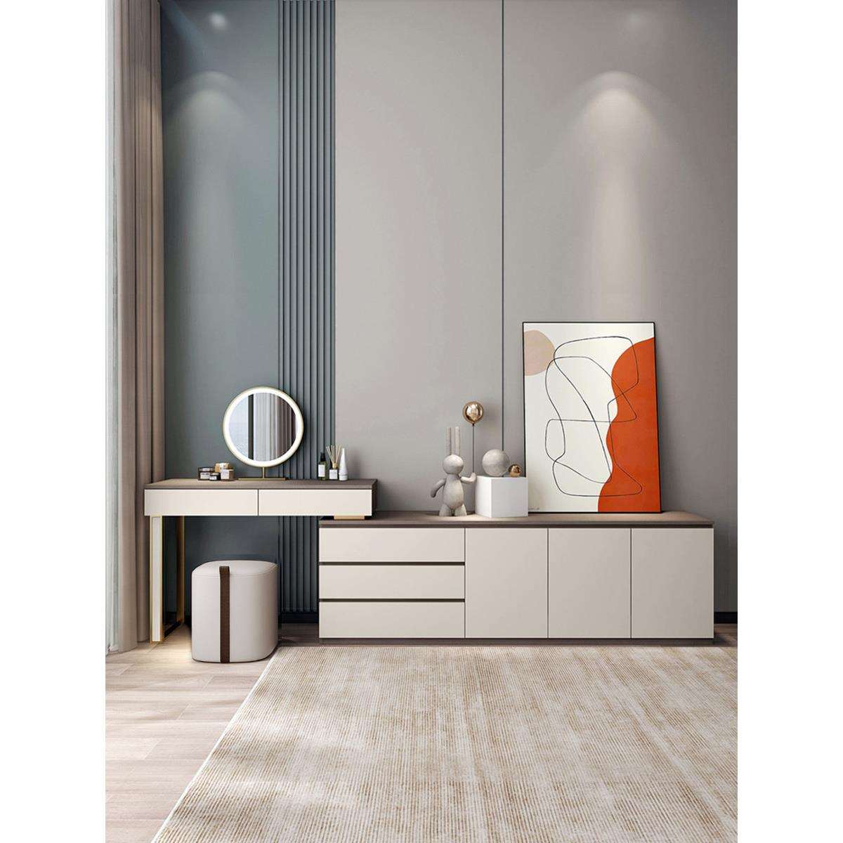 轻奢梳妆台收纳柜组合一体主卧室房间电视柜书桌实木化妆极简伸缩