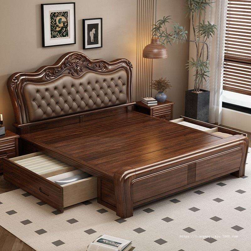 中式实木榫卯胡桃木床2.0米/1.8米/1.5米E1级环保储物床气压高箱