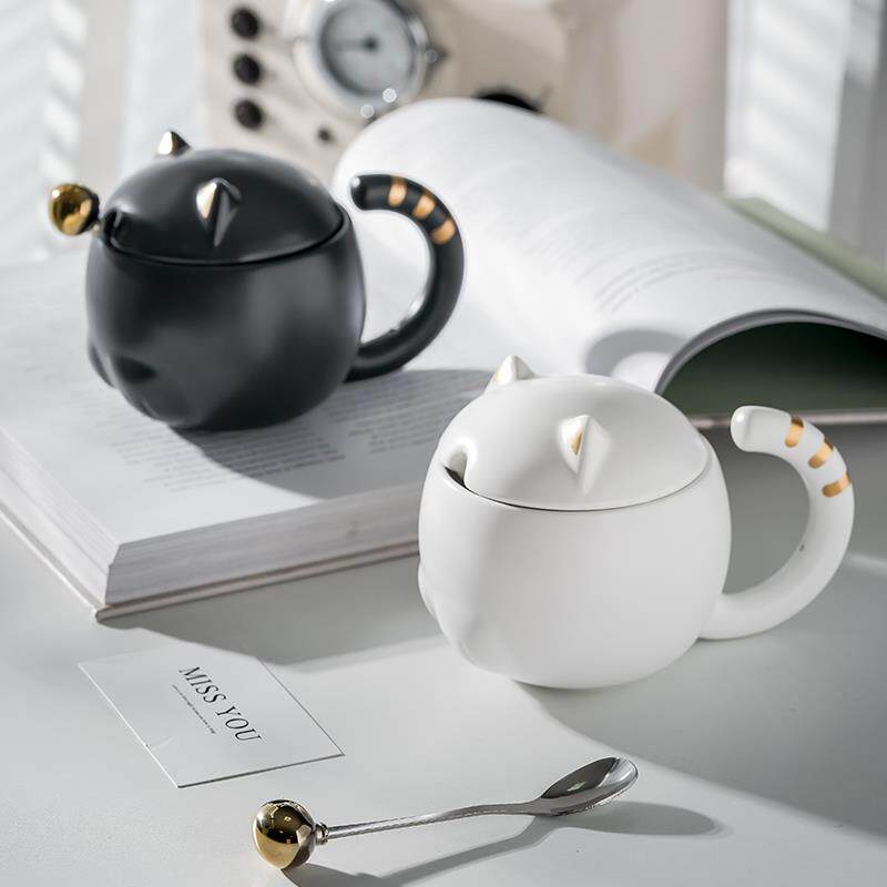 天台悦先创意猫咪陶瓷杯子设计感小众马克杯带盖勺简约家用情侣水
