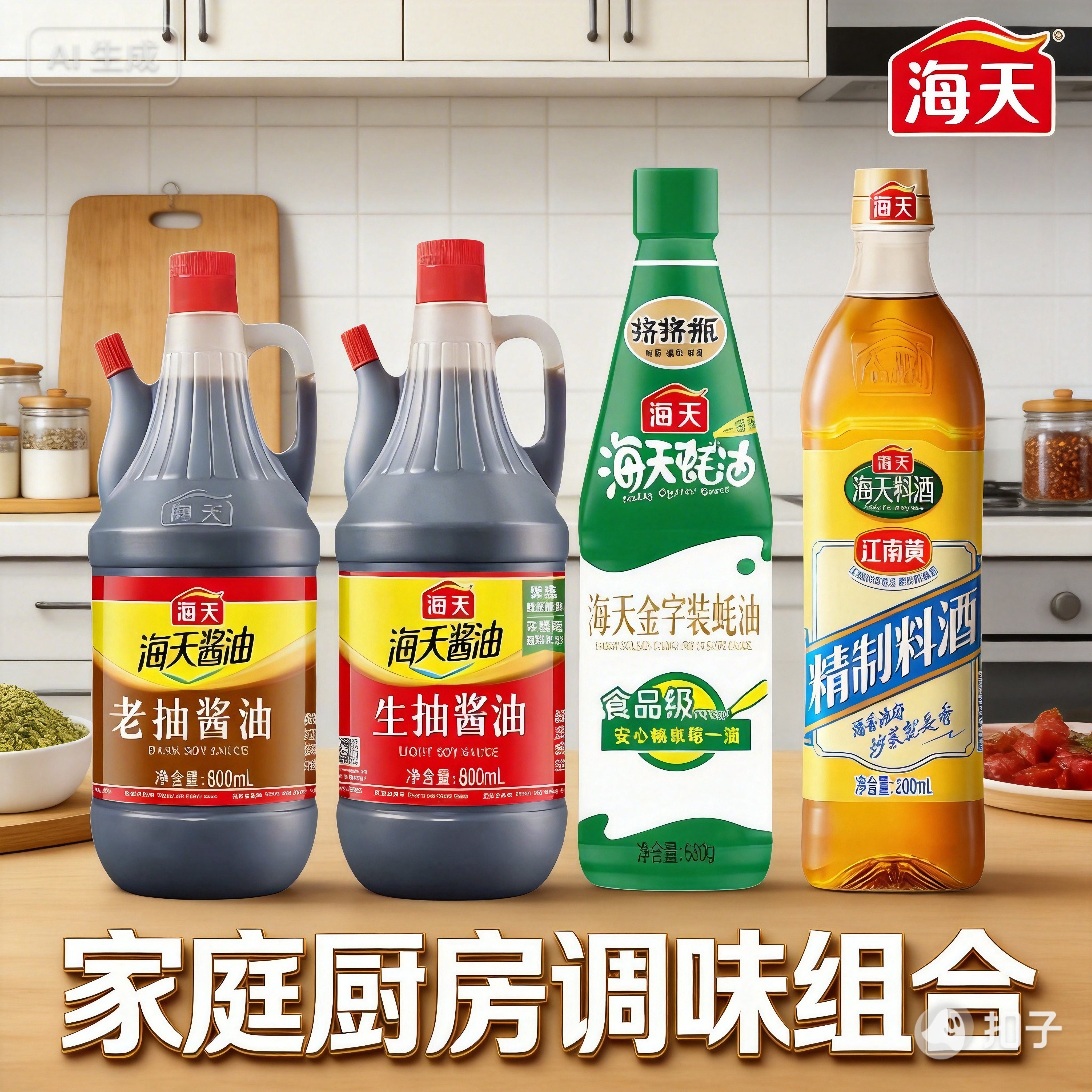 海天生抽酱油800ml家庭组合蚝油老抽料酒米醋香醋调味多规格4大瓶
