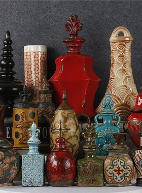 美式复古做旧陶瓷手绘冰裂窑变釉收纳瓶摆件玄关桌面创意装饰摆设