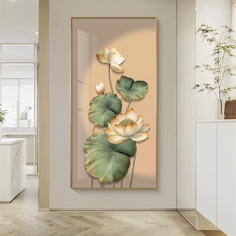 荷气生财入户玄关装饰画现代别墅酒店发光走廊过道挂画进门壁画