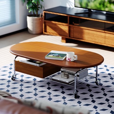 中古风茶几客厅家用2n025新款现代简约轻奢实木可移动高级感椭圆