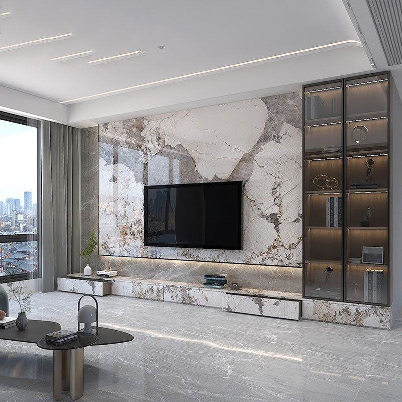 岩板电视背景墙客厅沙发2024新款大理石现代简Q约悬空影视墙木格