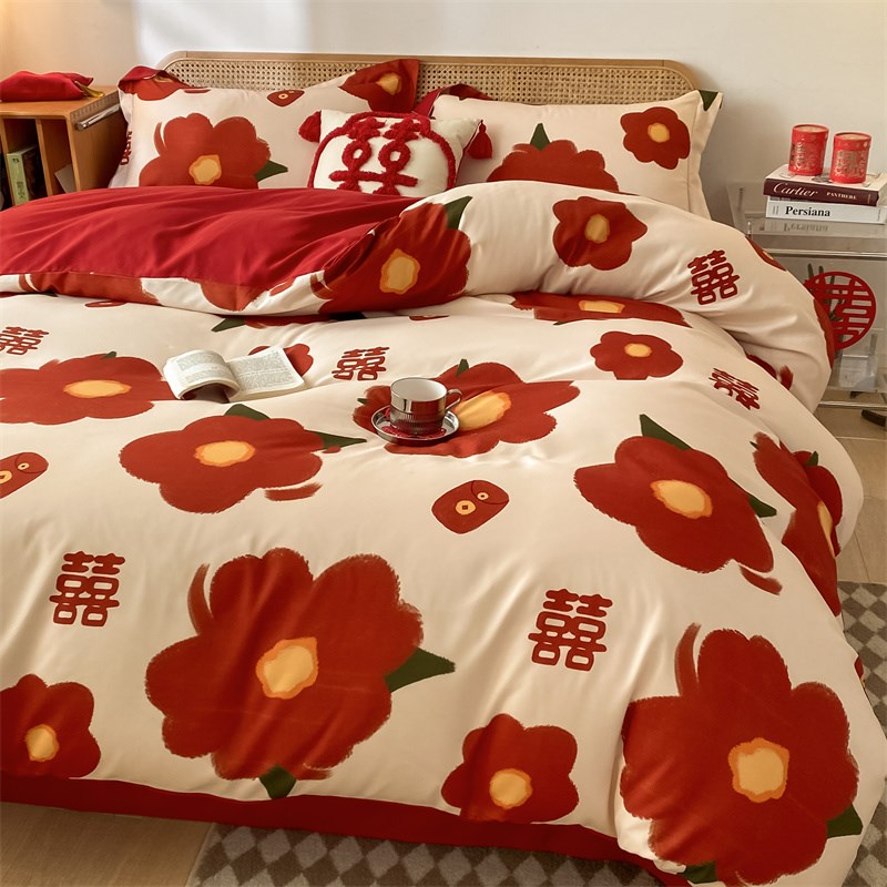 喜被四件套带被芯枕芯结婚七x件套床上用品新婚女方陪嫁大红色被