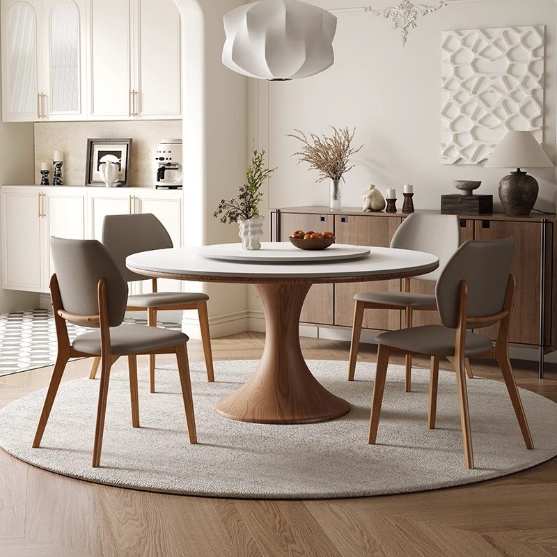 中古风白蜡木岩板圆餐桌小户型覆古简约家用小蛮R腰带转盘实木圆