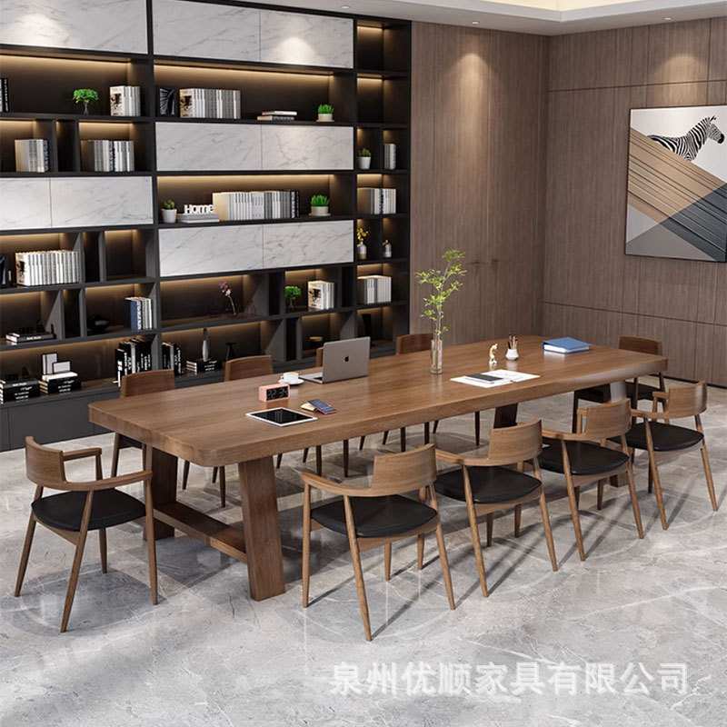 全实木会议桌长桌子工作台大板办公桌简约现代公司多人长条洽谈桌图片