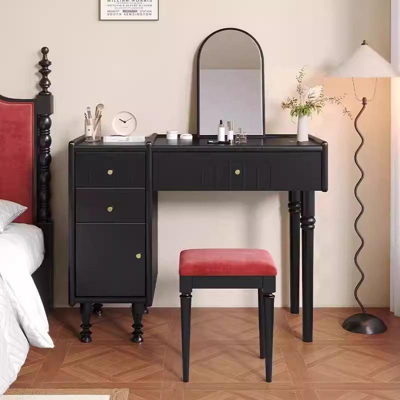 法式复古黑色梳妆台小户型家用化妆台斗柜带化妆镜一体梳妆凳