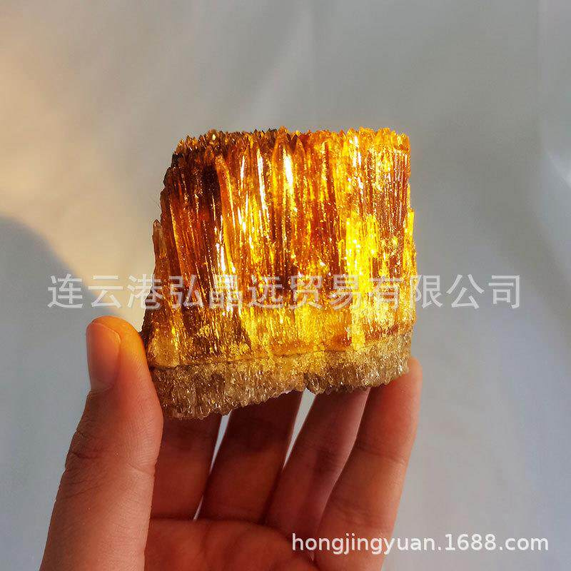 弘晶远水晶 天然琥珀色方解石矿标 琥珀色原石原矿矿标摆件