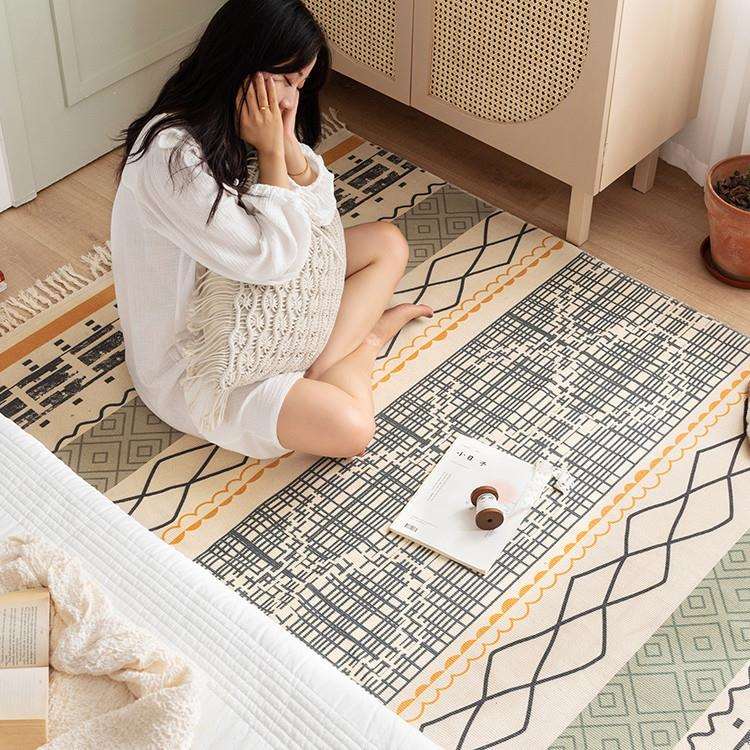 摩洛哥风棉麻流苏地垫简约卧室家用床边地毯客厅沙发茶几簇绒脚垫