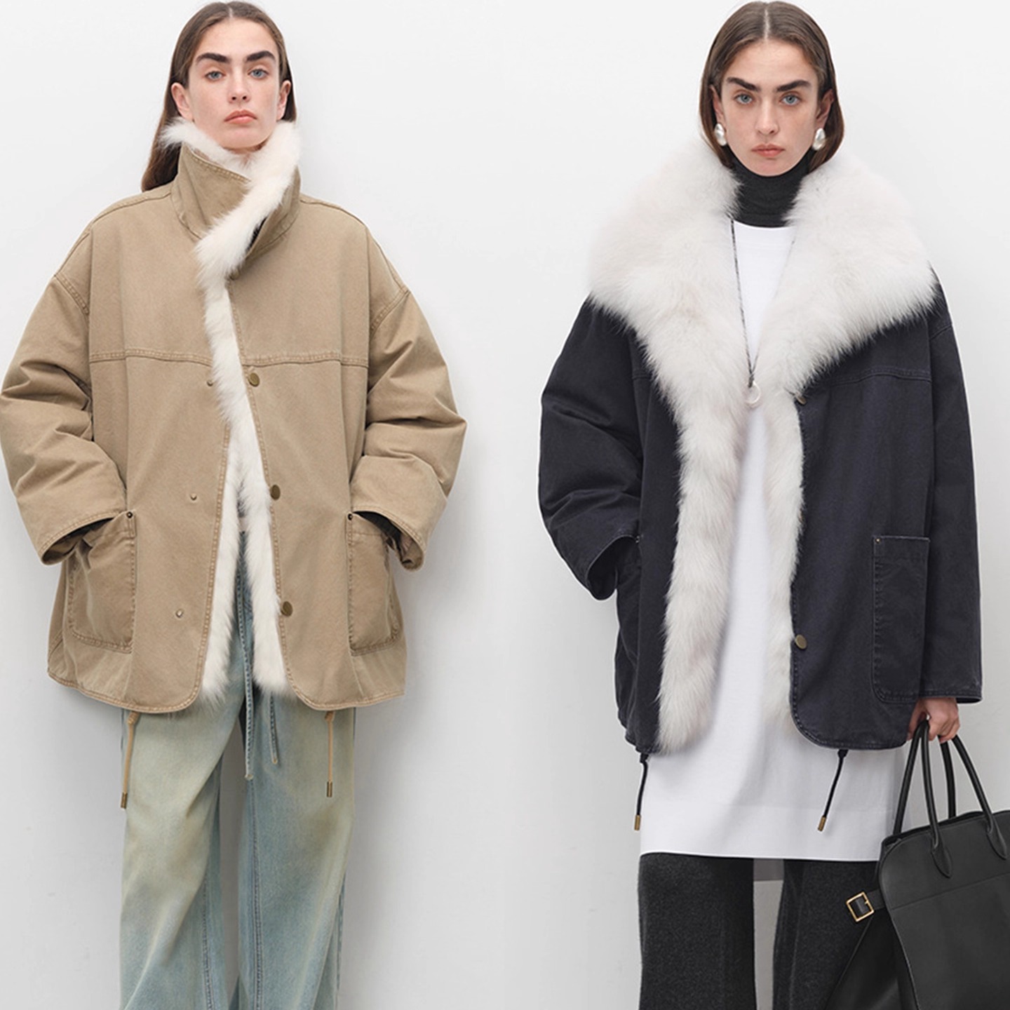 简约酷飒工装风女毛可脱卸派克服