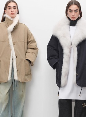 简约酷飒工装风女可脱卸狐狸毛连襟领90白鹅绒冬季派克服外套女