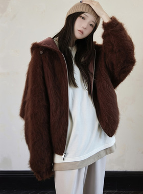 高级时髦冬季新款臻绒织暖100羊毛|重工拉绒宽松保暖连帽毛呢外套