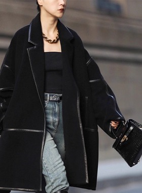 高级感气质进口拼绵羊皮时髦休闲气质炸街高支全羊毛呢大衣外套女