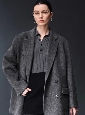 高端冬季新款轻奢驼绒蚕丝羊毛双面呢双排扣短款毛呢西装大衣外套