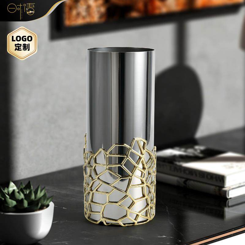 现代金属不锈钢圆柱花瓶轻奢风格室内客厅餐桌玄关电视柜插花摆件