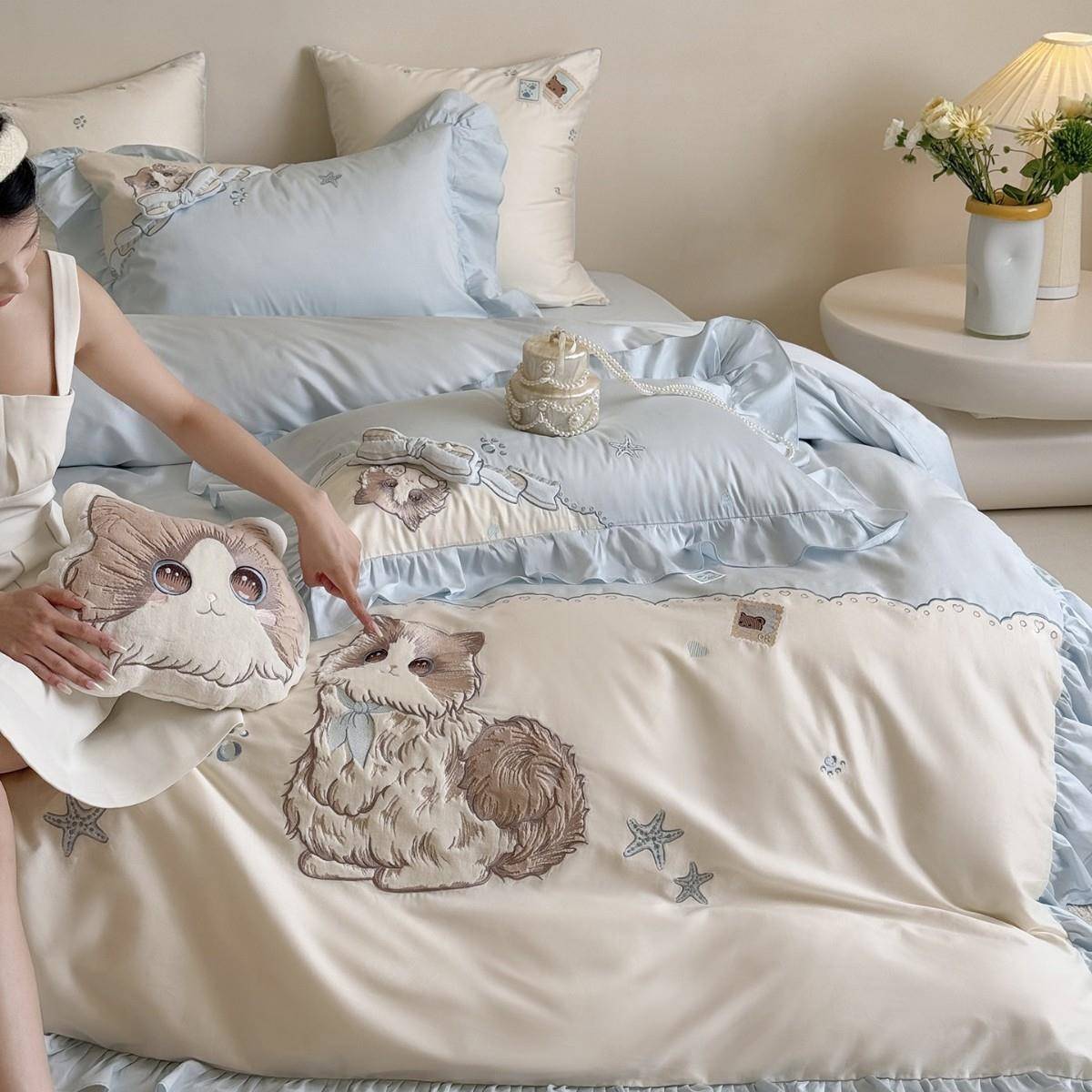 【折扣价】新品布偶猫100支纯棉长绒棉四件套全棉卡通被套儿童女