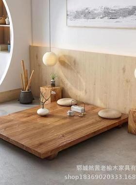 新中式老榆木榻榻米床民宿酒店落地式矮床实木家具卧室单双人大床