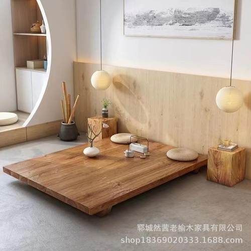 新中式老榆木榻榻米床民宿酒店落地式矮床实木家具卧室单双人大床