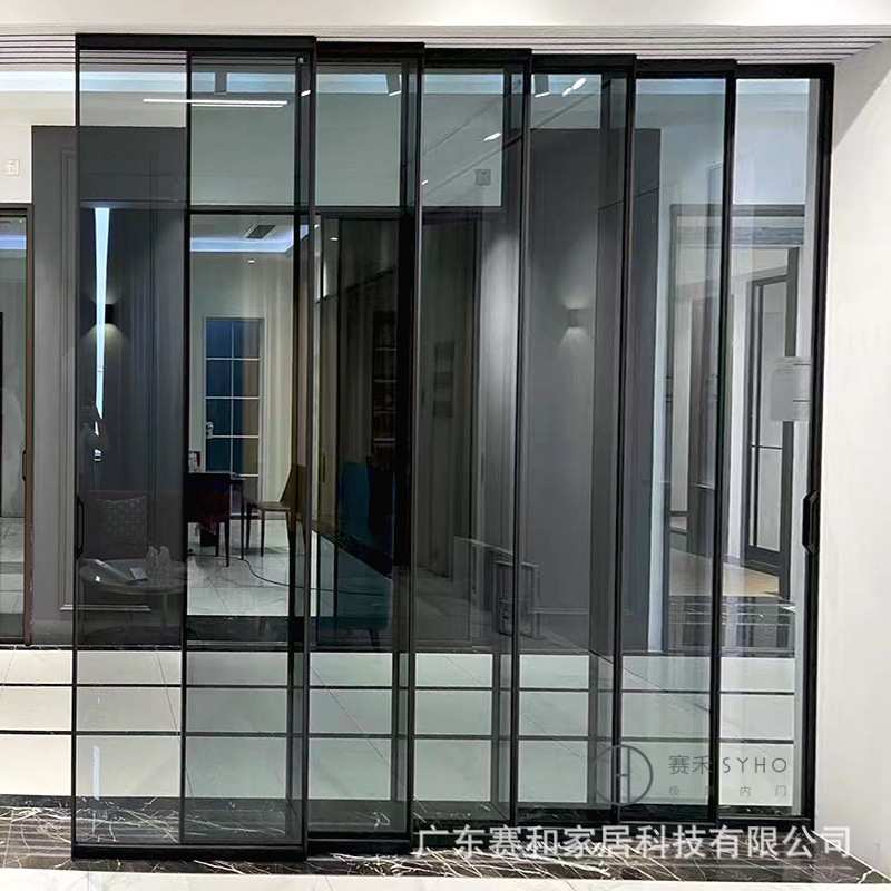 定制铝合金玻璃吊趟门三联动推拉门酒店茶室会客厅包厢酒店全景门