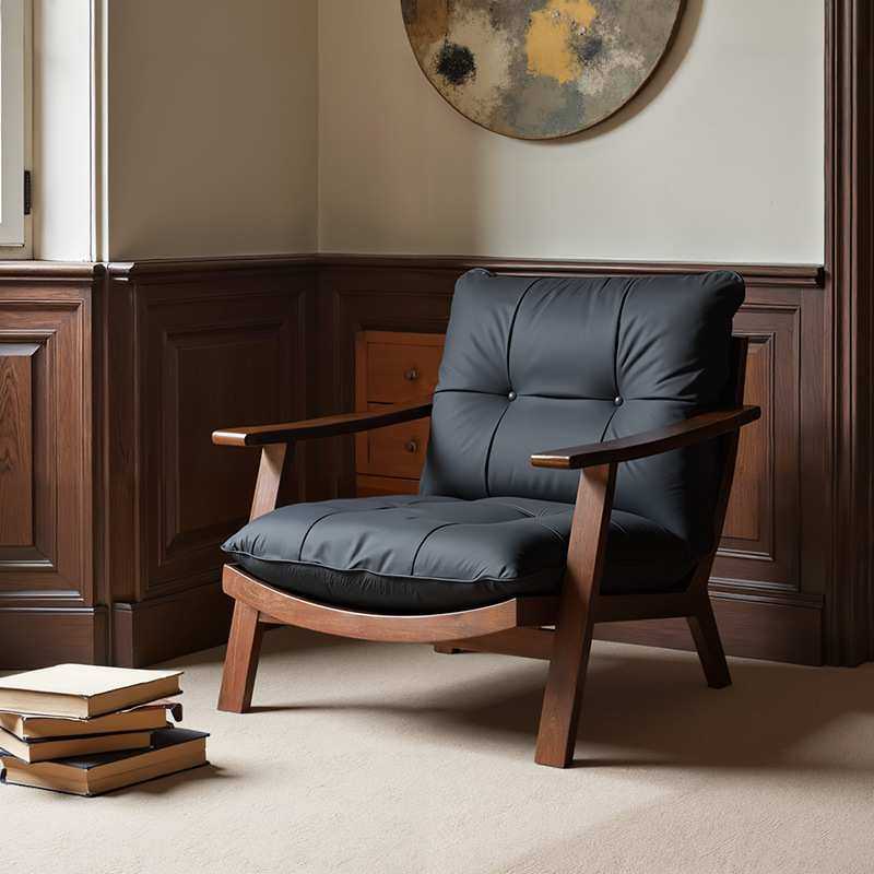 实木沙发椅侘寂风休闲椅复古美拉德真皮单人沙发椅阳台懒人沙发椅