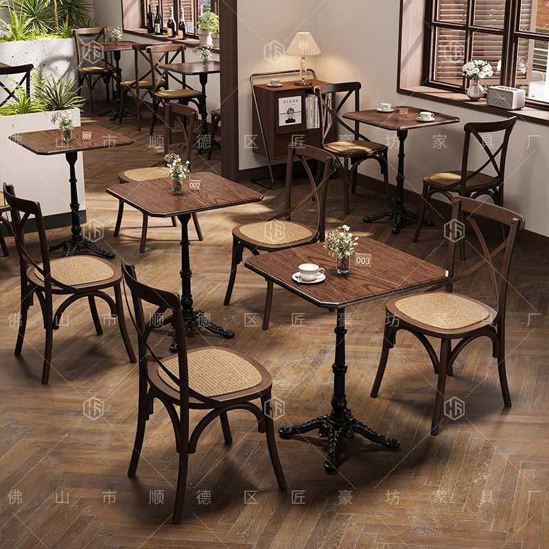 美式复古咖啡厅休闲桌椅组合网红甜品烘焙店实木小方桌子商用餐馆