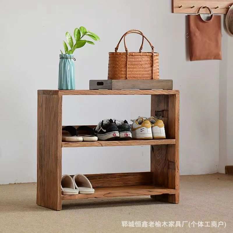 老榆木鞋架实木简易鞋架家用置物架开放式杯架儿童小书架