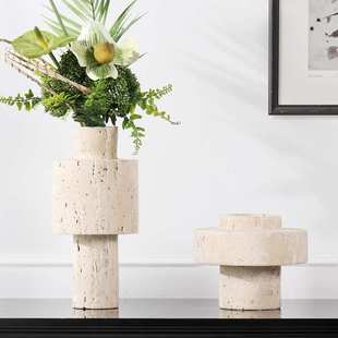 欧式轻奢天然黄洞石花瓶创意酒店民宿客厅桌面装饰高级感花器摆件