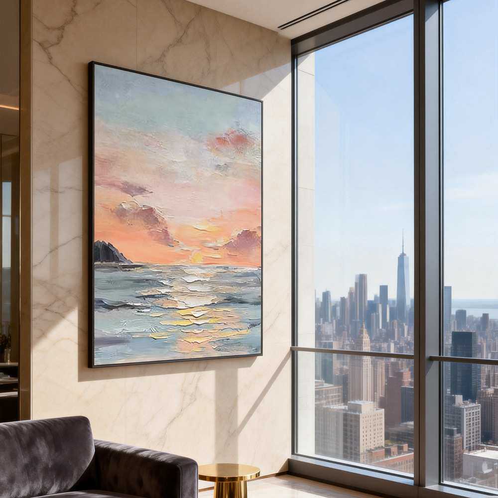 朝霞玄关肌理画竖版客厅沙发背景墙无框画抽象风景立体纯手绘油画